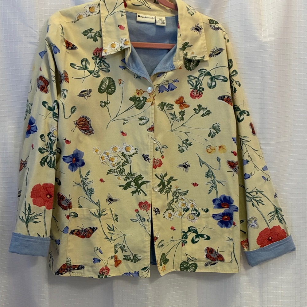 Appleseed's XL Yellow Floral Butterfly Garden w/ Blue Lining 100% Cotton Shirt